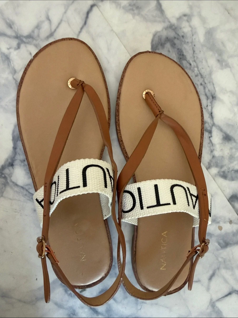 Nautica Tan Leather Thong Sandals with White Logo Strap